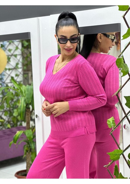 D12809 Simli V Yaka Triko Bluz Pembe