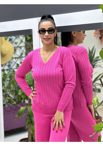D12809 Simli V Yaka Triko Bluz Pembe modelleri