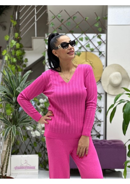 D12809 Simli V Yaka Triko Bluz Pembe fırsatları