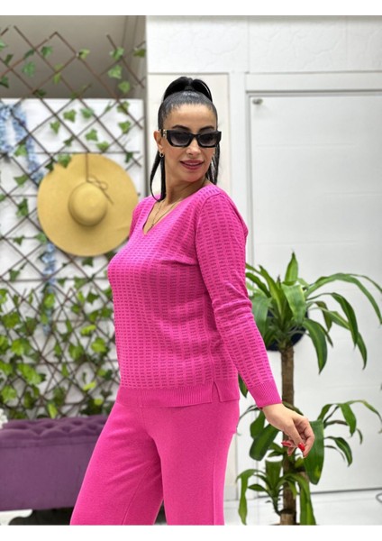 D12809 Simli V Yaka Triko Bluz Pembe indirimleri