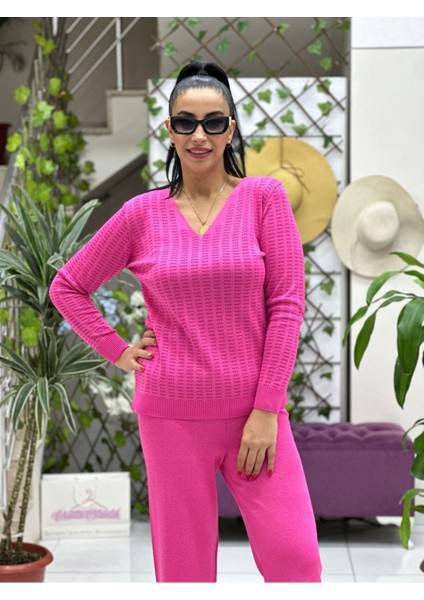 D12809 Simli V Yaka Triko Bluz Pembe