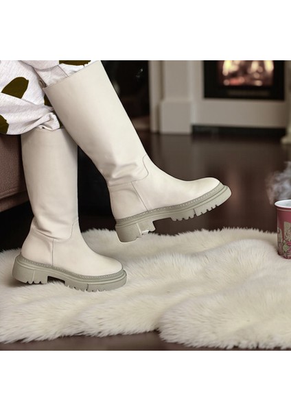 Bej Mat Deri Diz Altı Kadın Günlük Çizme