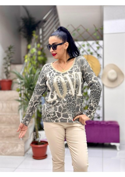 NC719993 Love Taşlı Ithal Triko Bluz Vizon