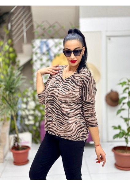 NC22886 Zebra Desen Triko Bluz Vizon