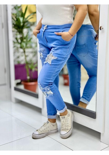 A13501 Italyan Likralı Yıldızlı Kot Pantolon