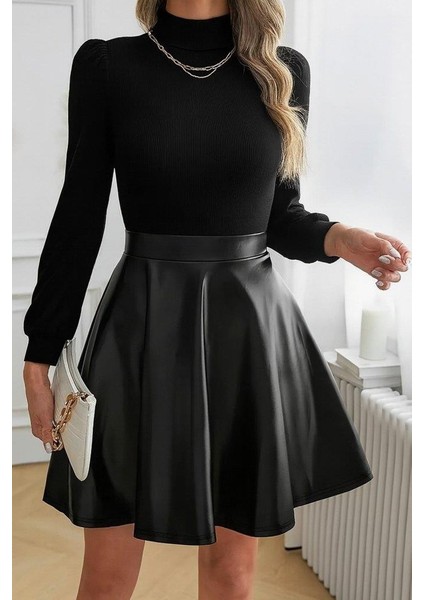 Kadın Uzun Kollu Balıkçı Yaka Üst Kaşkorse Alt Deri Detaylı Mini Elbise fiyatları
