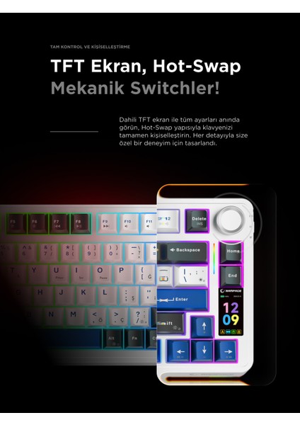 Quell Pro Ekranlı Beyaz Hot Swap 2.4g + Bt Wireless Rgb Gasket Oil Switch Türkçe Q Pbt Keycaps Mekanik Klavye