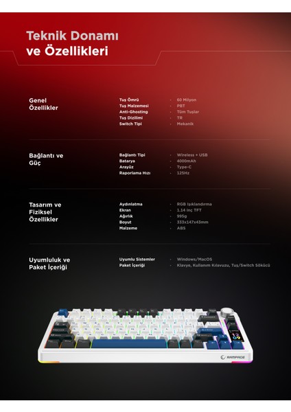 Quell Pro Ekranlı Beyaz Hot Swap 2.4g + Bt Wireless Rgb Gasket Oil Switch Türkçe Q Pbt Keycaps Mekanik Klavye