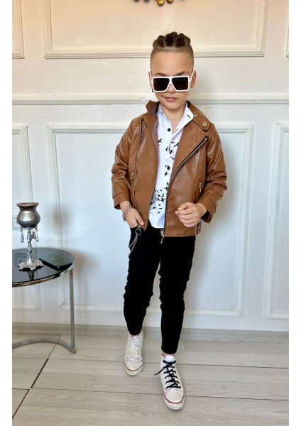 N.S.K NEWSTARKIDS Erkek Çocuk Deri Ceketli Gömlekli Pantolonlu Takım