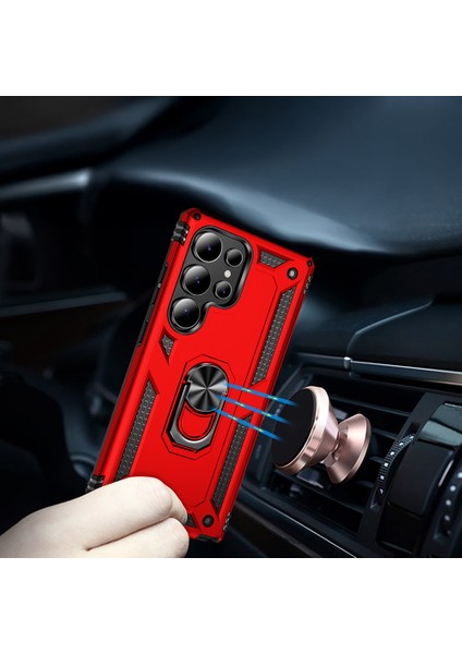 Samsung Galaxy S25 Ultra Uyumlu Kılıf Vega Sert Silikon Tank Standlı Yüzüklü Mıknatıslı Kırmızı modelleri