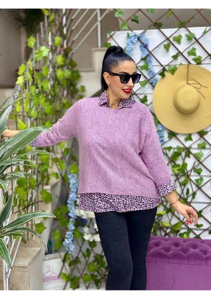 NC516031 Italyan Leopar Desen Fularlı Erkek Yaka Kazak Lila