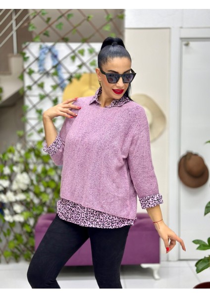 NC516031 Italyan Leopar Desen Fularlı Erkek Yaka Kazak Lila fiyatları