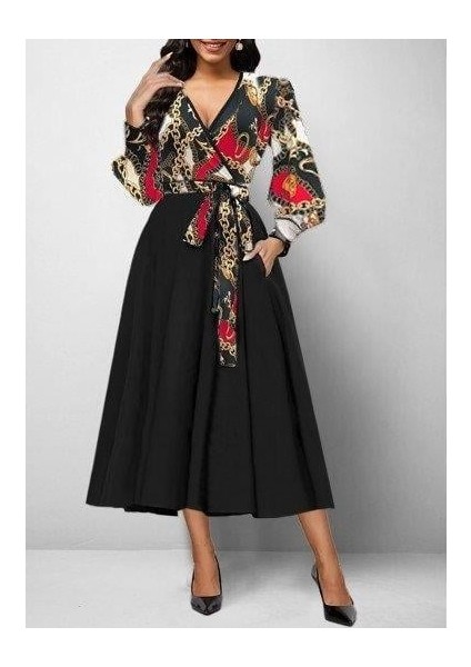 Kadın Uzun Kollu Kruvaze Yaka Dalgıç Krep Midi Boy Elbise fiyatları