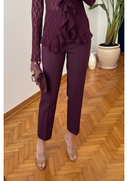 Premium Pens Detay Kumaş Havuç Pantolon- Bordo