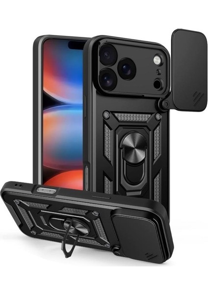 iPhone 17 Pro Max Uyumlu Kılıf Pars Sürgülü Kamera Korumalı Yüzüklü Sert Silikon Siyah