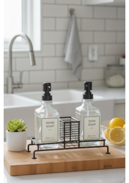 2’li Cam Ayaklı Sıvı Sabunluk Seti Siyah 500 ml