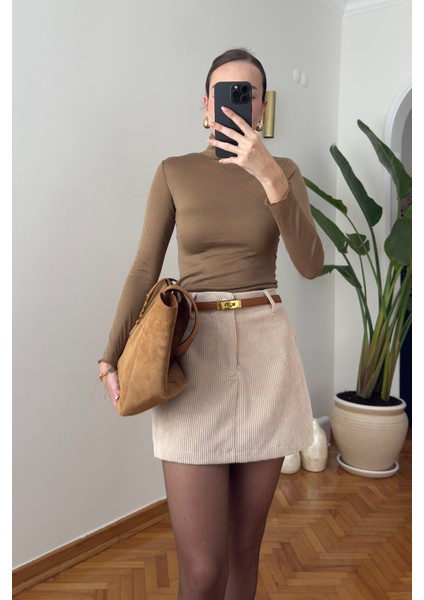 Kadife Özel Tasarım Şort Etek- Bej fiyatları