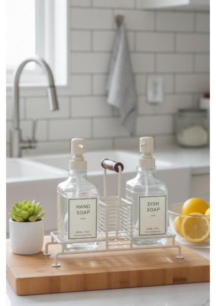2’li Cam Ayaklı Sıvı Sabunluk Seti Beyaz 500 ml