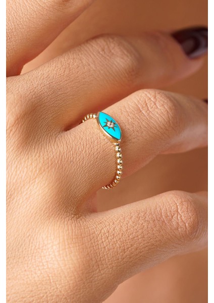 14 Ayar Altın Taşlı Turkuaz Göz Yüzük