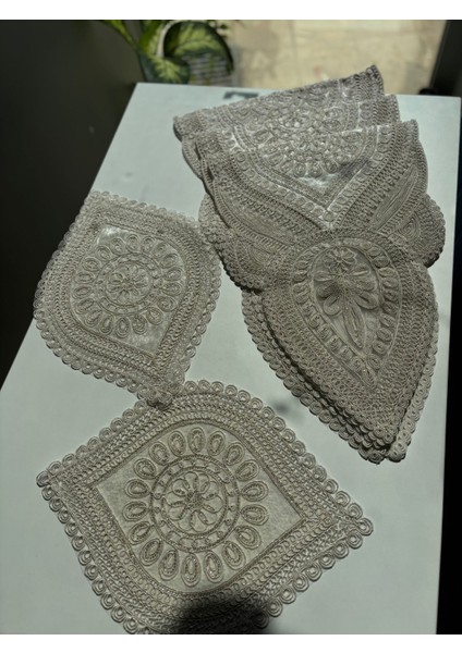 Şahmaran 5 Parça Lüks Runner Salon Oda Sehpa Masa Örtü Takımı Boncuklu Güpürlü Çeyizlik Set