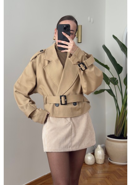 Kısa Kemerli Premium Trençkot- Camel