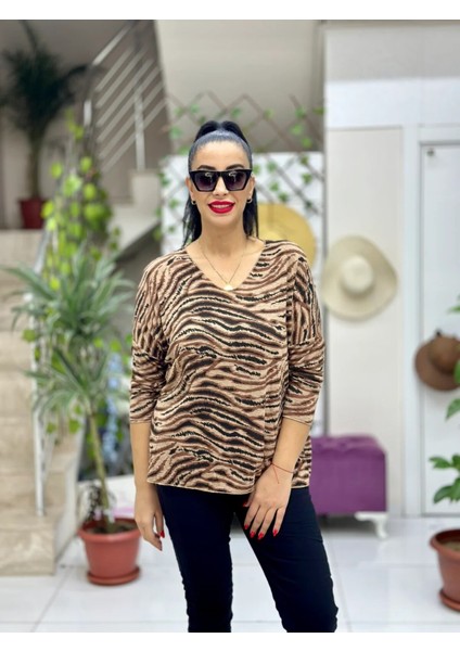 NC22884 Desenli Triko Bluz Camel