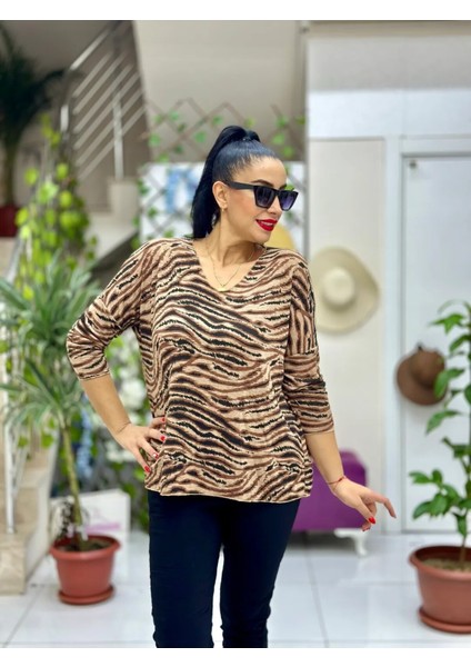 NC22884 Desenli Triko Bluz Camel fiyatları
