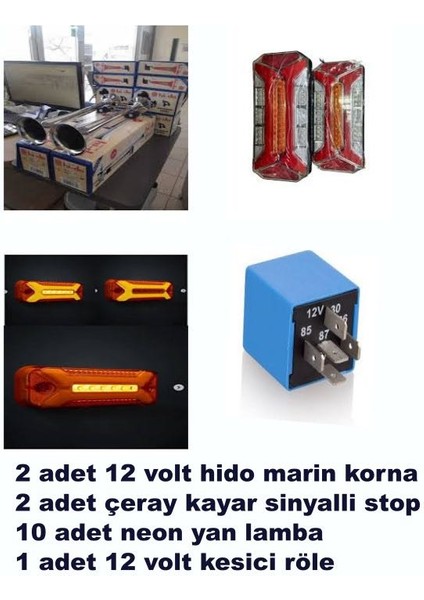 Dörtlü Set 2 Adet Hido Marin Korna 2 Adet Çeray Stop Lamba 10 Ad Neon