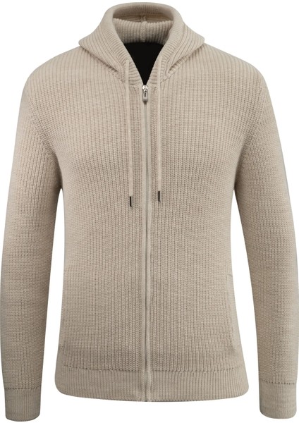 Erkek Kapüşonlu Fermuarlı Triko Hırka Selanik Örgü Cepli Klasik Kalıp - 5249K