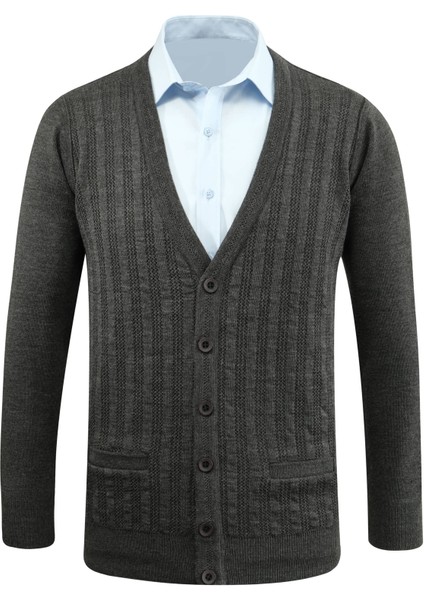 Erkek Düğmeli Hırka Cepli Desenli Çelik Örgü Klasik Kalıp - 5203M