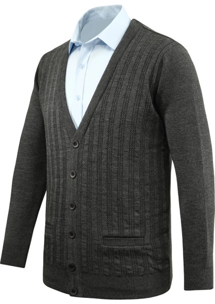 Erkek Düğmeli Hırka Cepli Desenli Çelik Örgü Klasik Kalıp - 5203M fiyatları