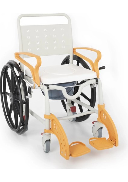 Banyo ve Tuvalet Sandalyesi Turuncu | 6 Tekerlekli Soft Oturum, Bas-Çıkar Sistemli Çıkarılabilir Tekerlek, Paslanmaz Plastik Gövde DM-8088D