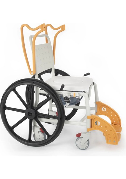 Banyo ve Tuvalet Sandalyesi Turuncu | 6 Tekerlekli Soft Oturum, Bas-Çıkar Sistemli Çıkarılabilir Tekerlek, Paslanmaz Plastik Gövde DM-8088D