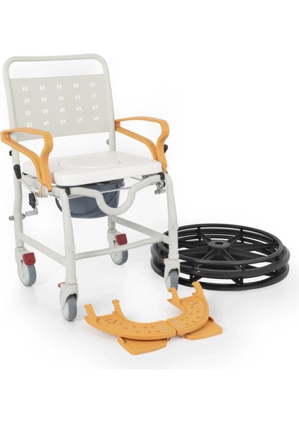Banyo ve Tuvalet Sandalyesi Turuncu | 6 Tekerlekli Soft Oturum, Bas-Çıkar Sistemli Çıkarılabilir Tekerlek, Paslanmaz Plastik Gövde DM-8088D