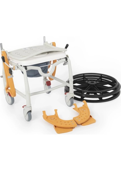 Banyo ve Tuvalet Sandalyesi Turuncu | 6 Tekerlekli Soft Oturum, Bas-Çıkar Sistemli Çıkarılabilir Tekerlek, Paslanmaz Plastik Gövde DM-8088D