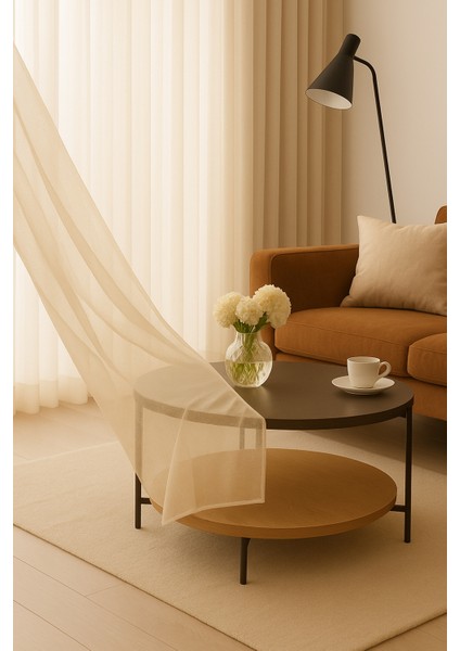 Krem Düz Tül Perde, Sık Pile, Düz, Sade, Tül Perde, Kornişli, Kırışmaz, Ütü Istemez