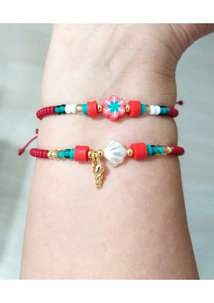 Iki Adet Yılbaşı Kartlı Deniz Kabuklu Fimo ve Çek Cam Boncuklu Bileklik