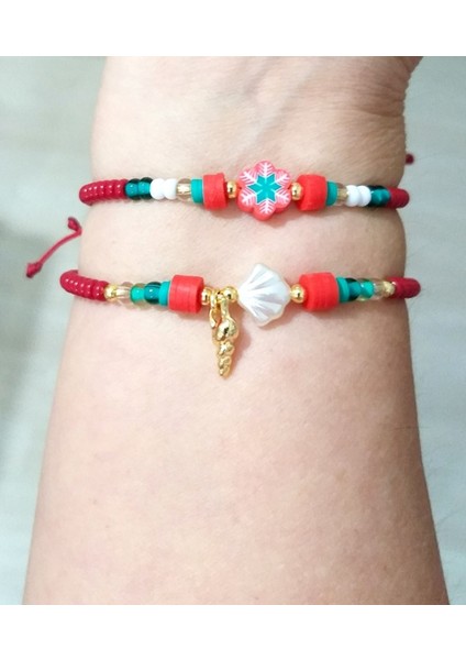 Iki Adet Yılbaşı Kartlı Deniz Kabuklu Fimo ve Çek Cam Boncuklu Bileklik fırsatları