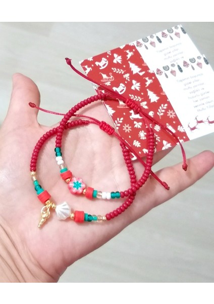 Iki Adet Yılbaşı Kartlı Deniz Kabuklu Fimo ve Çek Cam Boncuklu Bileklik indirimleri