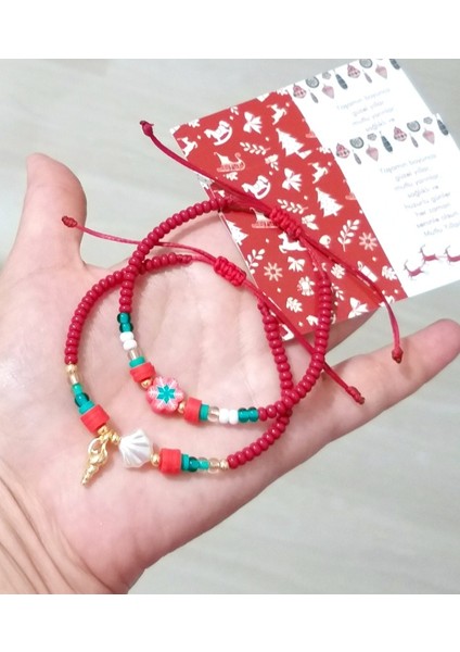 Iki Adet Yılbaşı Kartlı Deniz Kabuklu Fimo ve Çek Cam Boncuklu Bileklik