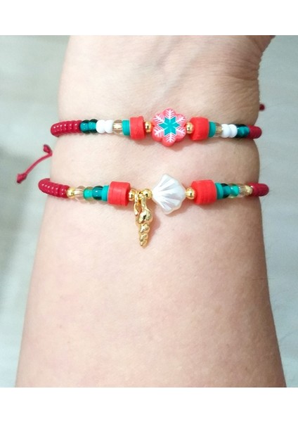Iki Adet Yılbaşı Kartlı Deniz Kabuklu Fimo ve Çek Cam Boncuklu Bileklik