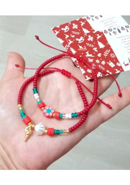 Iki Adet Yılbaşı Kartlı Deniz Kabuklu Fimo ve Çek Cam Boncuklu Bileklik