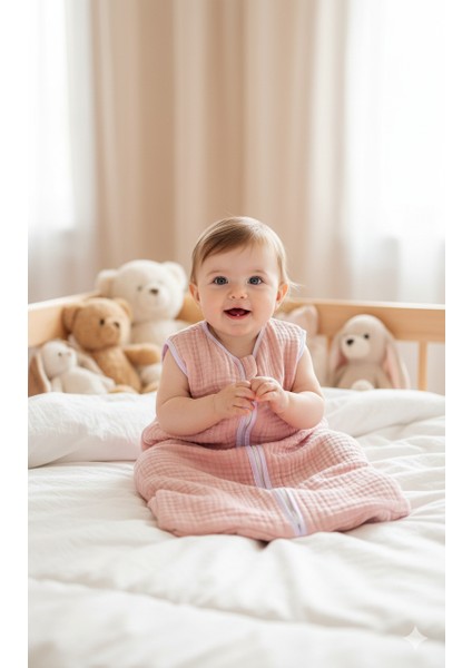 , 6-18 Ay,ürün Boyu 85CM, Yazlık ve Mevsimlik 4 Kat Müslin Kumaş Bebek Çocuk Torba Uyku Tulumu Pembe