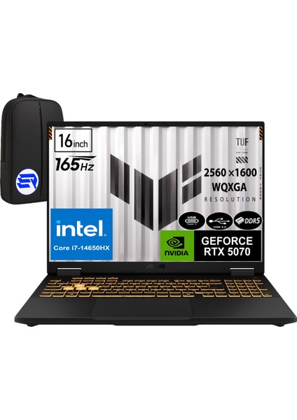 Tuf Gamıng F16 FX608JPR-QT069EP1 Intel Core I7-14650HX 48GB Ram 1tb SSD RTX5070 16" 165Hz Wqxga WIN11 Pro + Elektropasaj Çanta