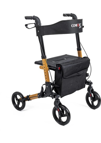 Rolatör Yürüteç Kahverengi | Alüminyum Gövde, Katlanabilir, Oturmalı, Frenli ve Dolgu Tekerlekli DM-9102