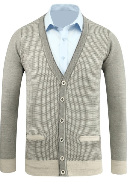 Erkek Düğmeli Hırka Cepli Desenli Çelik Örgü Klasik Kalıp - 5208M