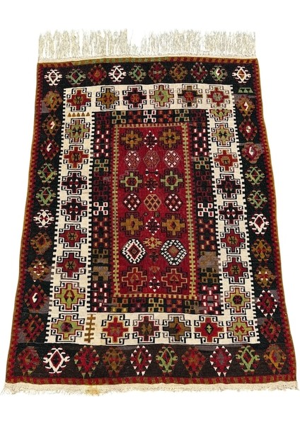 El Dokuma Antika Gömürgen Kilimi 112X150 Kök Boya %100 Yün Kilim