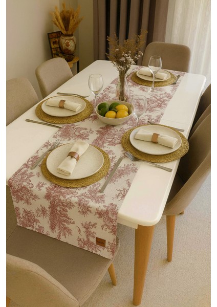 French Village Runner Fransız Köylü Desenli Vintage Masa Örtüsü 45X120 cm %100 Keten Dekoratif