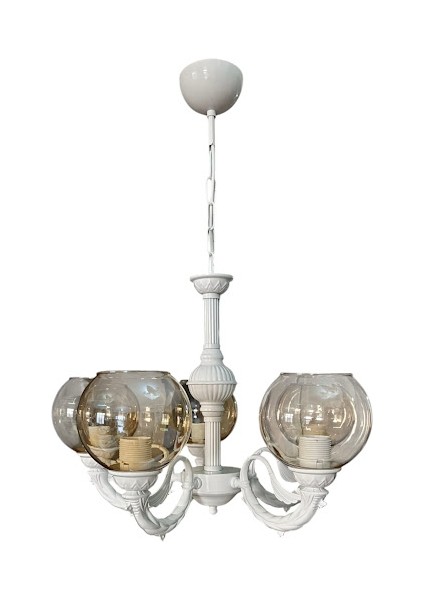 Riga Zamak Beş Kollu Avize Statik Beyaz Boyalı Bal Rengi Camlı fiyatları