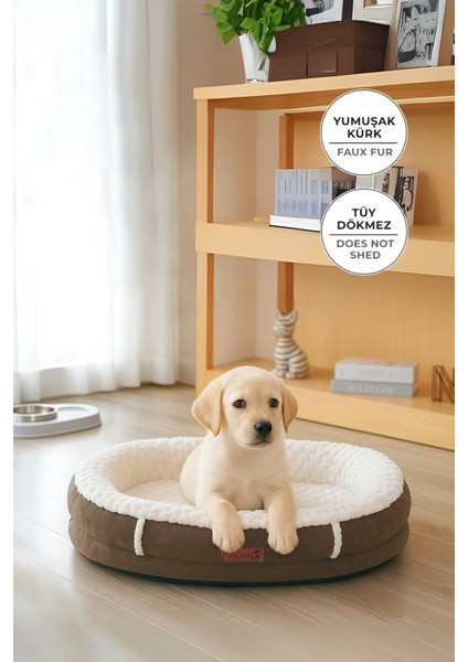 Kürk Peluş Kedi Köpek Evcil Hayvan Yatağı PatiChill Yıkanabilir Kaymaz Taban Simba Lüks Ortopedik Su Geçirmez Krem